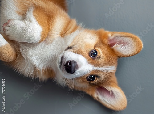 Close-up of a curious Corgi with expressive eyes and erect ears, looking up.