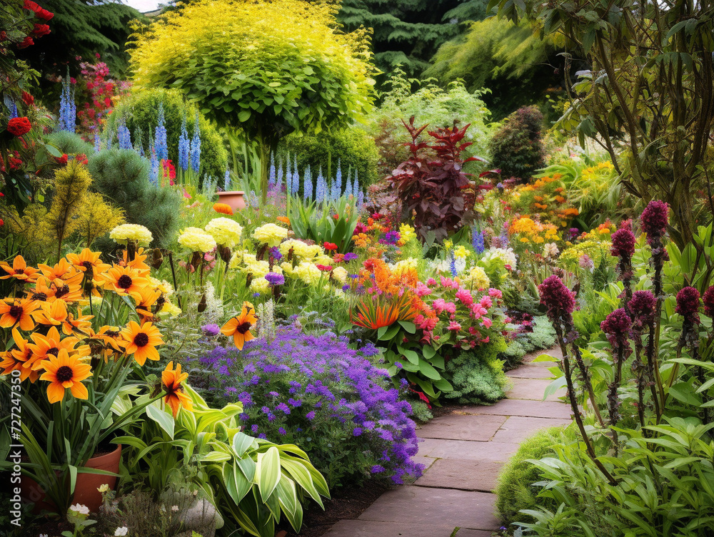 A lively garden teeming with a colorful assortment of flowers and greenery, in image 00171 02 rl.