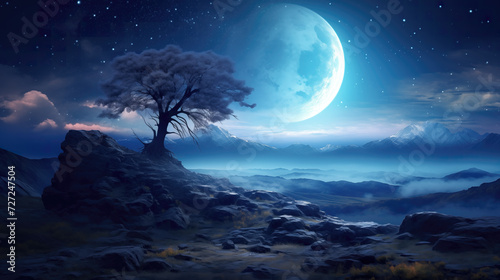 shining blue moon in front of a fantasy island tree