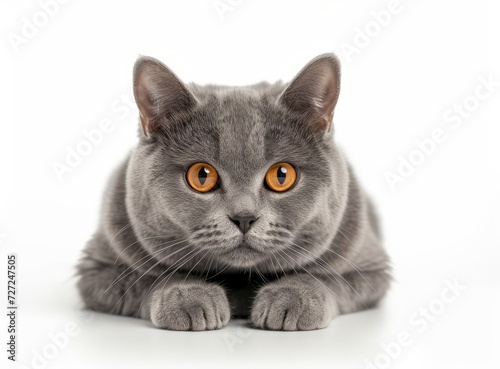 Close-up portrait of a gray cat with bright orange eyes. British breed.