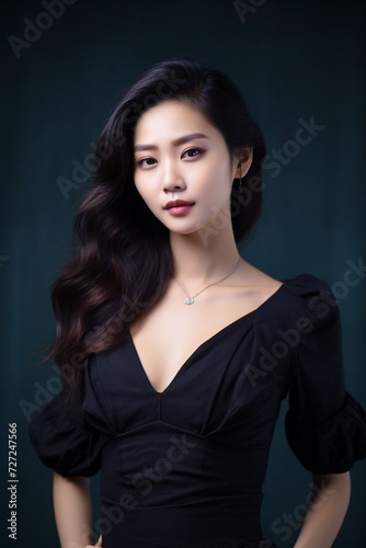 A young beautiful girl wearing a black dress with long hair  cute  innocent  and attractive looks  beautiful model girl  generative ai.