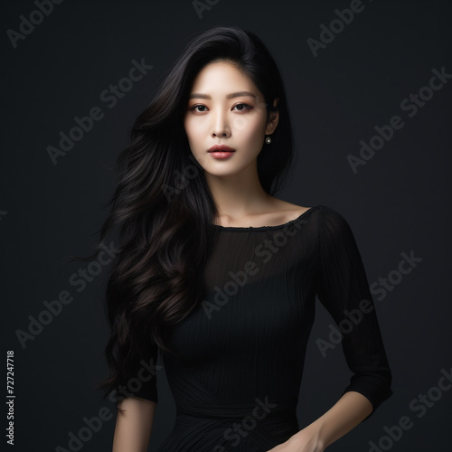 A young beautiful girl wearing a black dress with long hair, cute, innocent, and attractive looks, beautiful model girl, generative ai.