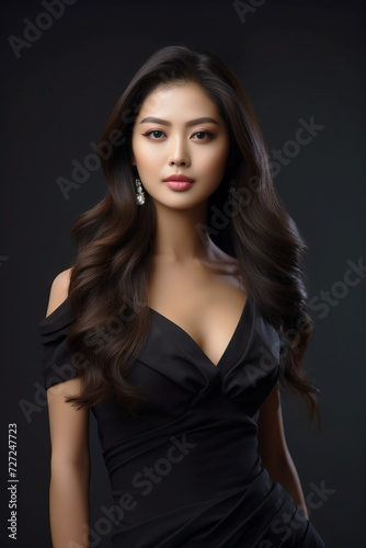 A young beautiful girl wearing a black dress with long hair, cute, innocent, and attractive looks, beautiful model girl, generative ai.