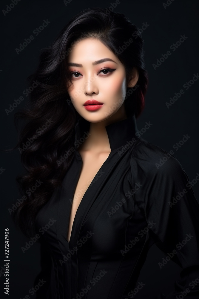 A young beautiful girl wearing a black dress with long hair, cute, innocent, and attractive looks, beautiful model girl, generative ai.