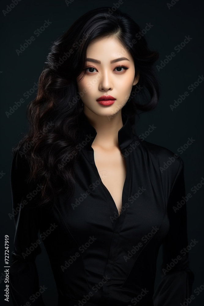 A young beautiful girl wearing a black dress with long hair, cute, innocent, and attractive looks, beautiful model girl, generative ai.