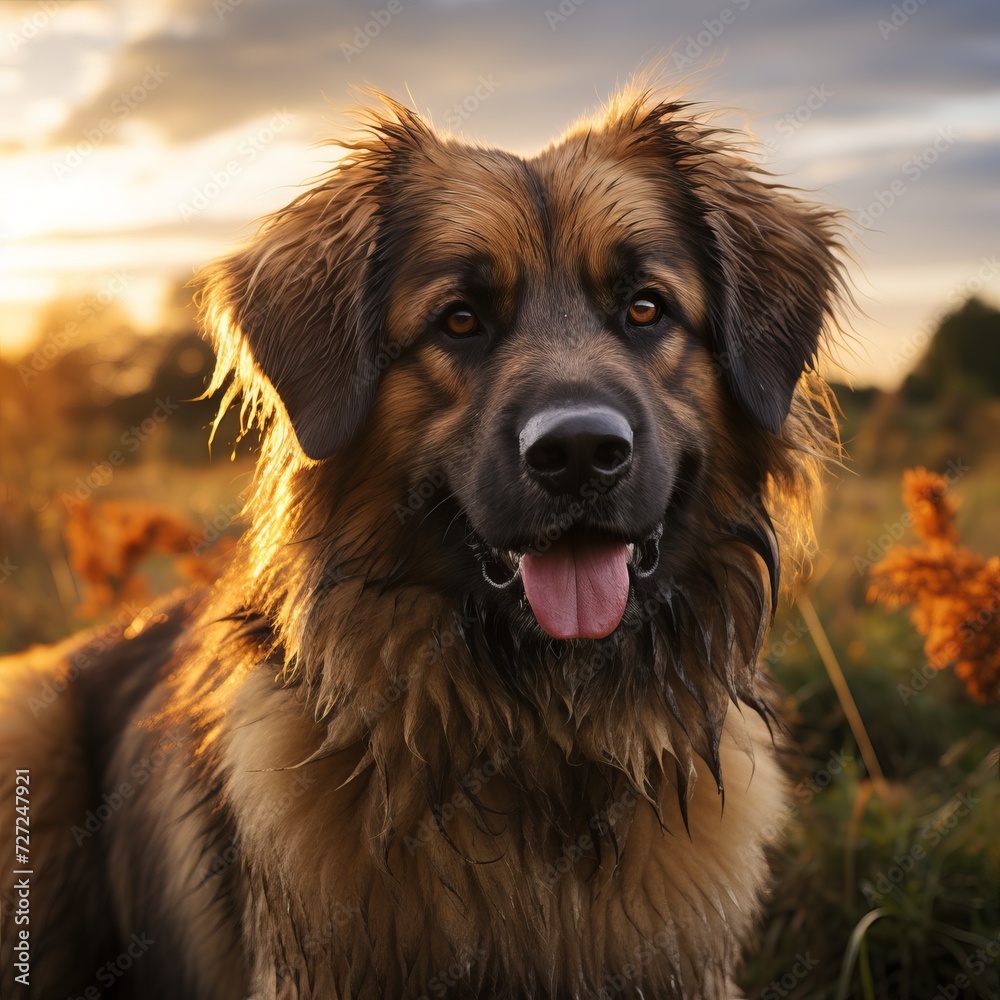 Portrait of a cute dog with bright eyes against the background of an autumn landscape. Concept: Pets, animal portraits, autumn scenes, emotional connection with animals.