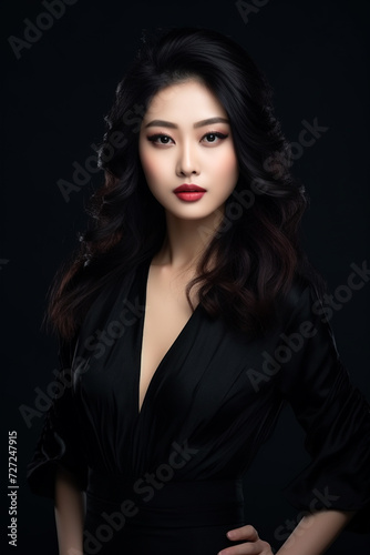 A young beautiful girl wearing a black dress with long hair, cute, innocent, and attractive looks, beautiful model girl, generative ai.