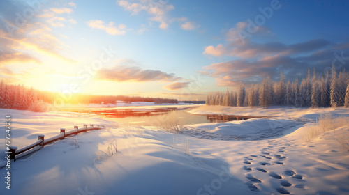 sunset scenery in winter with a road, footsteps