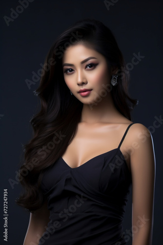 A young beautiful girl wearing a black dress with long hair, cute, innocent, and attractive looks, beautiful model girl, generative ai.