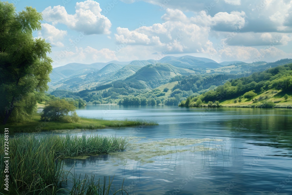 landscape with lake moorage and hills