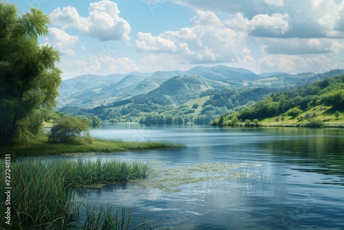 landscape with lake moorage and hills photo