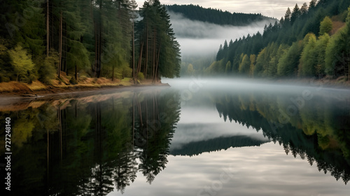 realistic forest showing a lake with fog © Sternfahrer