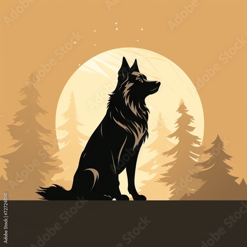 Silhouette of a wolf sitting against the backdrop of a full moon and a forest landscape at sunset. Concept: Nature, wildlife, animal protection, mysticism and symbolism of wolves.