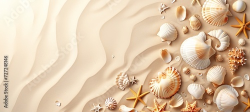 Aerial view of sandy beach with seashells and starfish, natural background for summer travel design