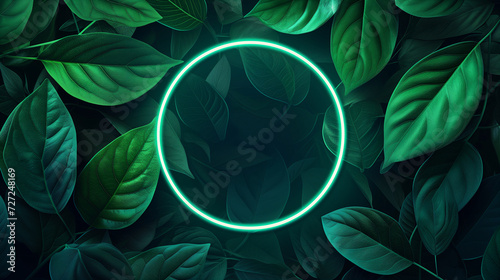 empty glowing green neon circle - frame on the background of green leaves