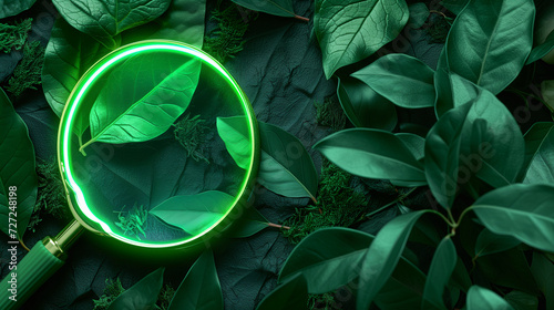 magnifying glass with a green glowing neon underlay, lying on a background of green leaves photo