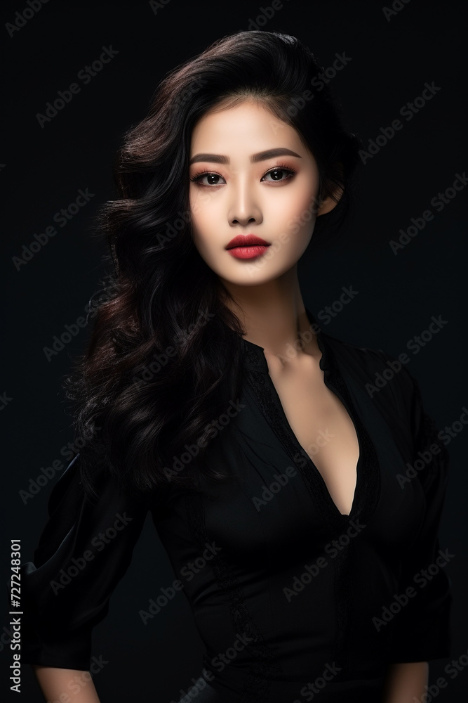 A young beautiful girl wearing a black dress with long hair, cute, innocent, and attractive looks, beautiful model girl, generative ai.