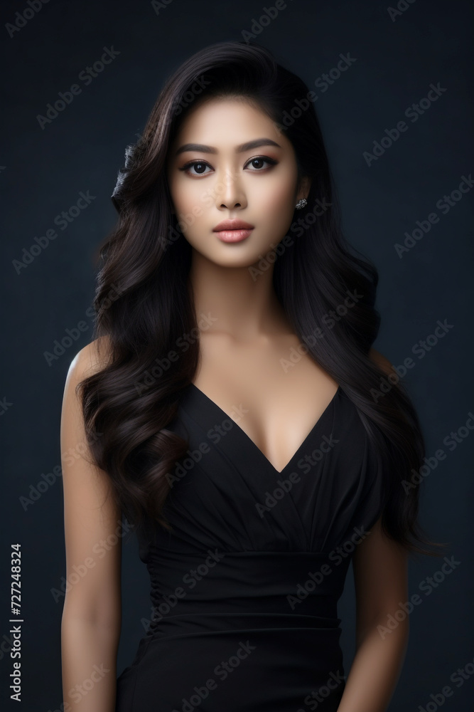 A young beautiful girl wearing a black dress with long hair, cute, innocent, and attractive looks, beautiful model girl, generative ai.