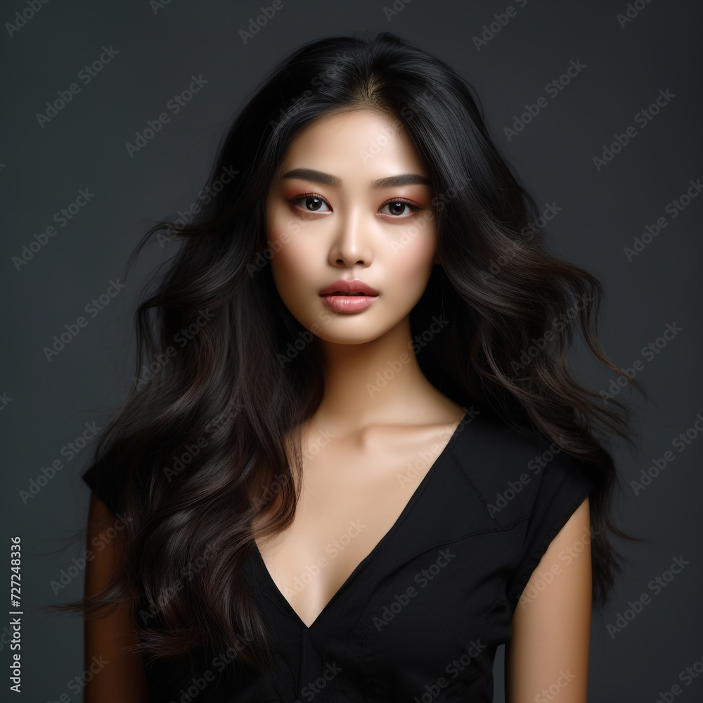 Fototapeta premium A young beautiful girl wearing a black dress with long hair, cute, innocent, and attractive looks, beautiful model girl, generative ai.