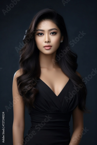 A young beautiful girl wearing a black dress with long hair, cute, innocent, and attractive looks, beautiful model girl, generative ai.