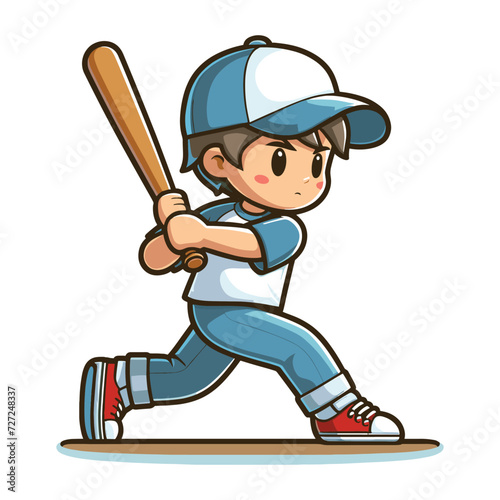 Happy cute little boy playing baseball softball in action cartoon vector illustration, hitter swinging with bat design template isolated on white background