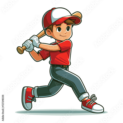 Happy cute little boy playing baseball softball in action cartoon vector illustration, hitter swinging with bat design template isolated on white background