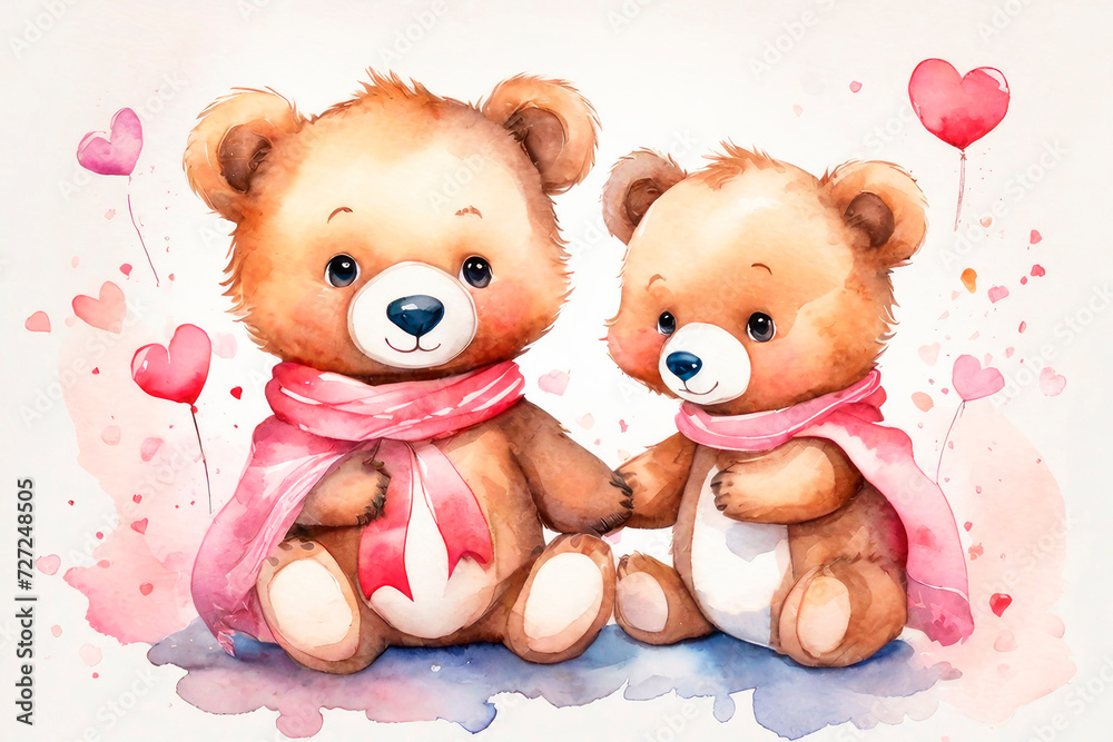 Happy valentine's greeting card with very cute bears, cartoon character. Watercolor. Happy valentine's greeting card with very cute bears, cartoon character. Watercolor.