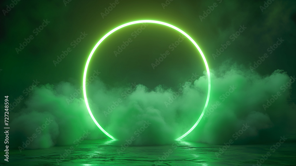 Glowing green neon circle in the middle of clouds and smoke on black background