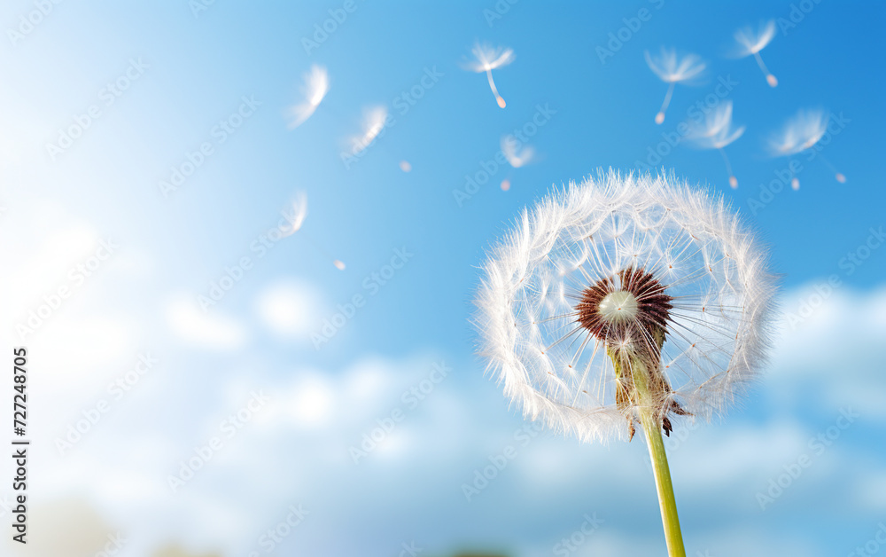 dandelion seed head against a blue sky, AI Generative.