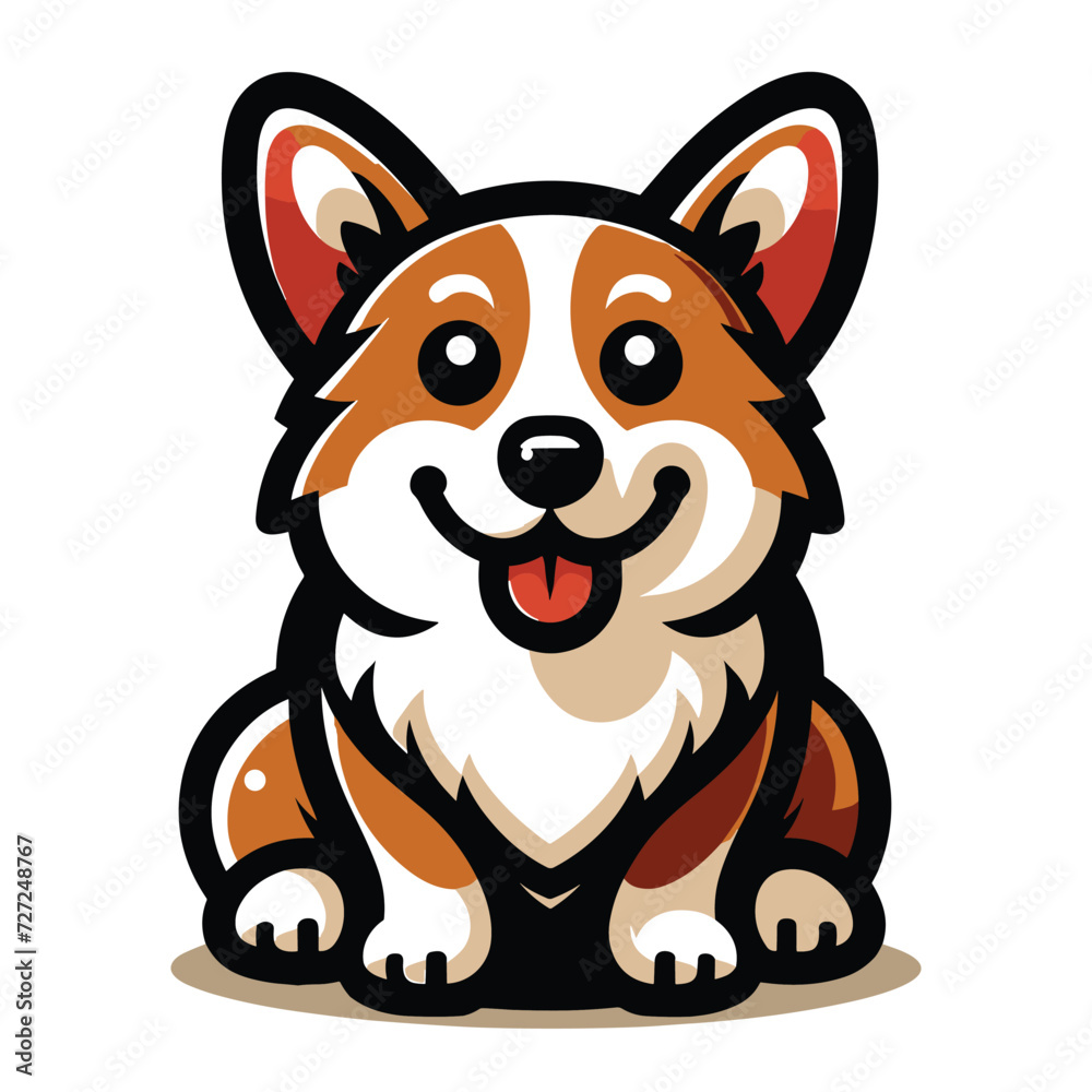 Fototapeta premium Cute adorable corgi dog cartoon character vector illustration, funny pet animal corgi puppy flat design mascot template isolated on white background