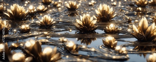 there are many golden flowers floating in a pond of water