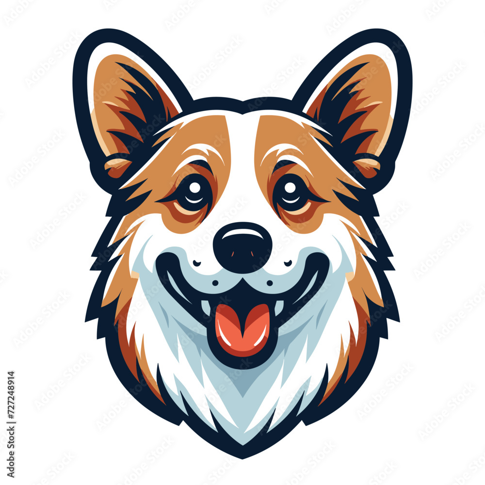 Fototapeta premium Cute adorable corgi dog head face cartoon character vector illustration, funny pet animal corgi puppy flat design mascot template isolated on white background