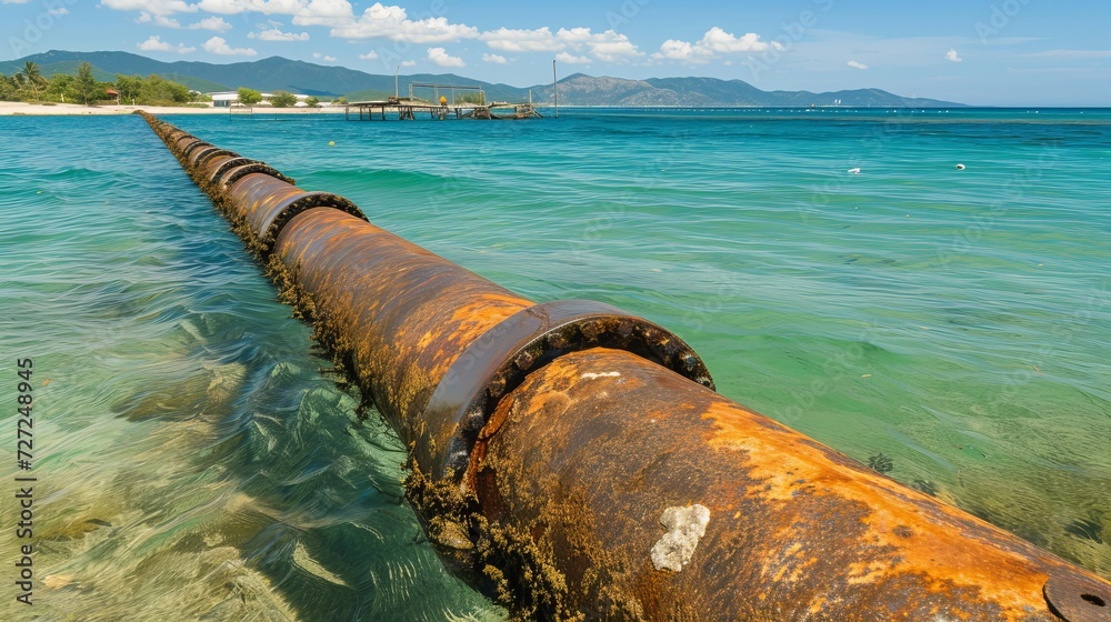Underwater oil and gas pipeline, subsea equipment on sea bottom, metal conduit in blue ocean depths Underwater oil and gas pipeline, subsea equipment on sea bottom, metal conduit in blue ocean depths