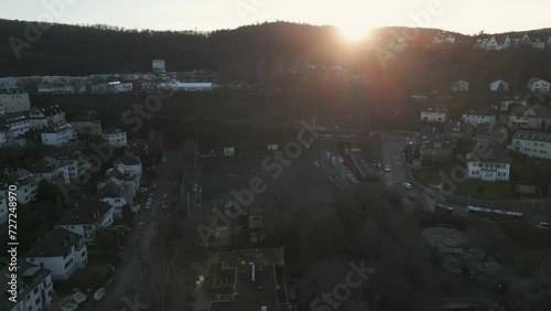 Orbitflug um einem Fussballfeld in Stuttgart, das Viertel heißt Vogelsang. photo