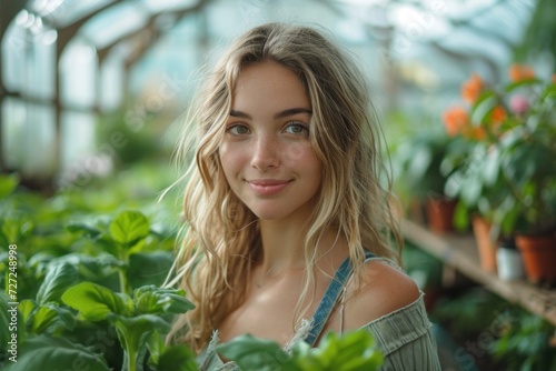 In a greenhouse, a young and attractive florist, wearing an apron, tends to a variety of potted plants.