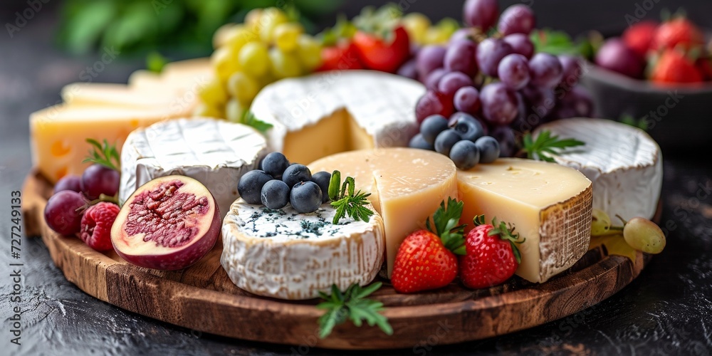 A gourmet assortment featuring brie, camembert, and dorblu on a wooden stand with grapes, figs and berries.