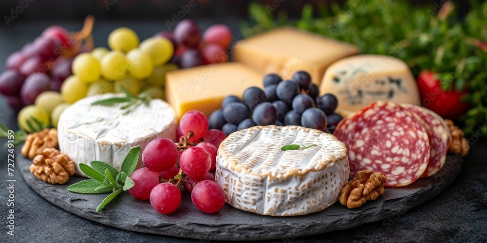A cheese board featuring brie, camembert, and other gourmet varieties with grapes and nuts.