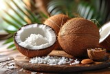 Fresh coconut, a healthy and sweet tropical nut, displayed in various forms: whole, halved, and grated.