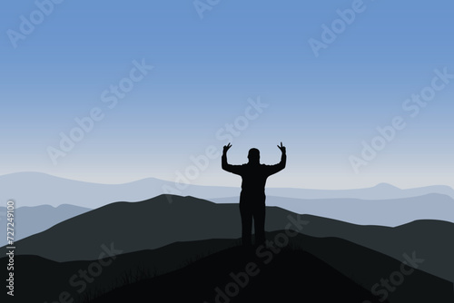 Concept of freedom. Happy Woman stand on peak, hands raised up of mountain on background of beautiful mountains vector. Freedom and success concept.
