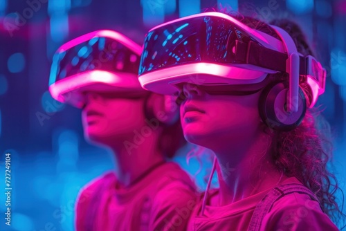 Siblings wear futuristic VR headsets in a dark space, immersed in a neon virtual reality.