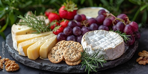 A tempting cheese board featuring brie, grapes, and an array of gourmet options.