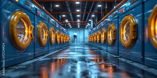 A modern industrial laundry room with rows of machines, emphasizing automation, cleanliness, and efficiency.