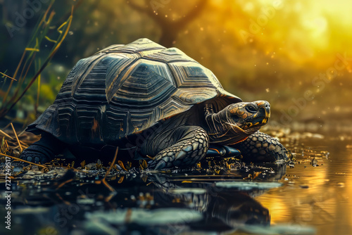 Tortoise in the Wild. Generated Image. A digital rendering of an old tortoise in the forest near a stream.