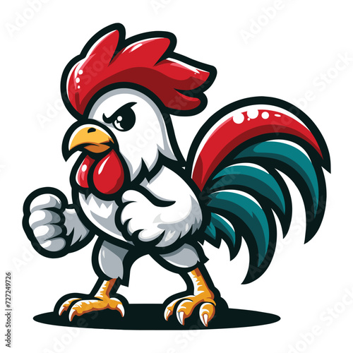 Chicken rooster muscle fighting sports mascot logo character cartoon illustration, vector design isolated on white background