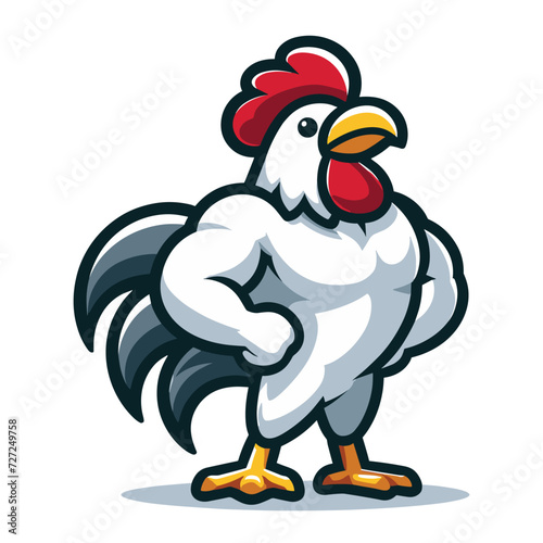 Chicken rooster muscle fighting sports mascot logo character cartoon illustration, vector design isolated on white background © lartestudio