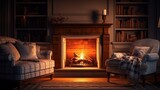 Realistic photo of a cozy living room with a traditional fireplace, wooden mantelpiece, comfortable furniture, warm lighting, inviting and homely ambiance Generative AI