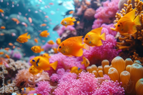 An enchanting display of vibrant marine life, as a school of fish glides gracefully through the intricate world of a coral reef