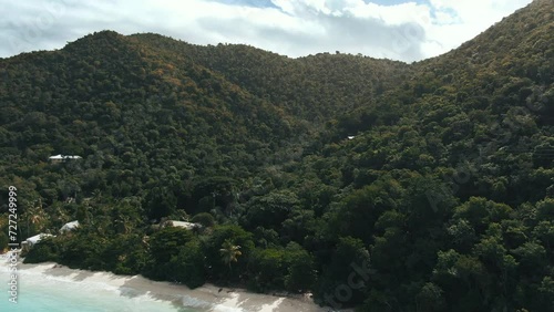 Gorgeous tropical mountains aerial view revealing turquoise ocean and beach