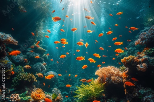 A mesmerizing display of diverse marine life in their natural habitat  as a school of fish glides through the colorful underwater world of a vibrant coral reef