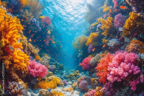 An underwater oasis teeming with vibrant marine life  where stony corals sway and invertebrates scurry amongst the seaweed while schools of colorful fish dance in the crystal clear water